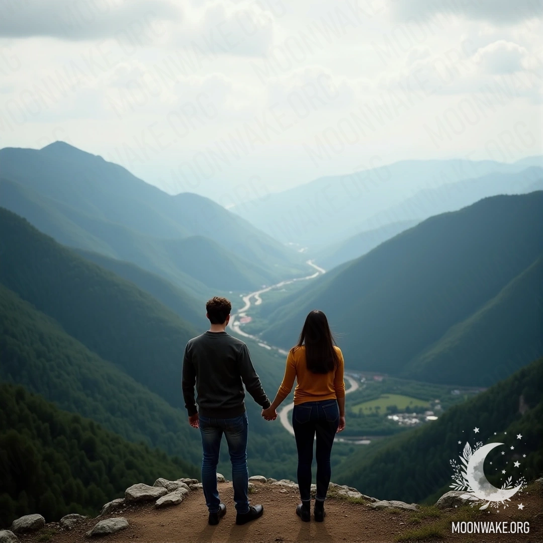 Couple holding hands on a mountain top, gazing at the valley below.
