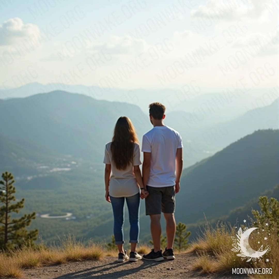 Couple holding hands on a mountain top, gazing at the valley below.