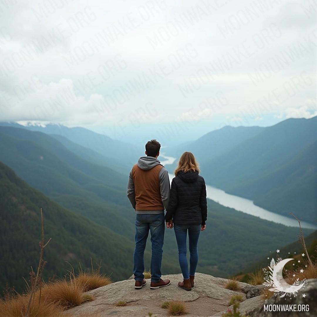 Couple holding hands on a mountain top, gazing at the valley below.