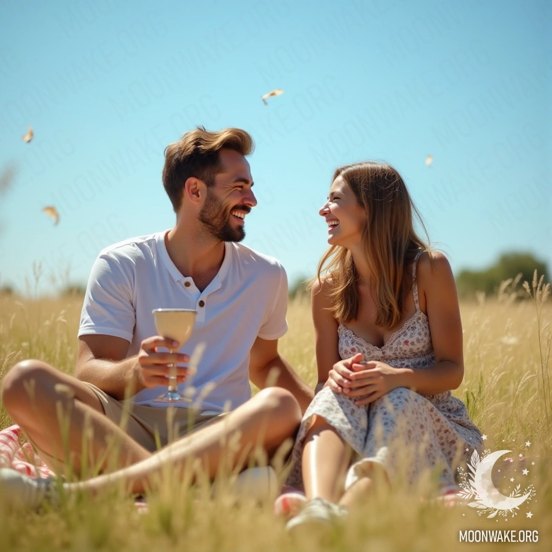 Couple laughing together during a picnic in a sunny field.