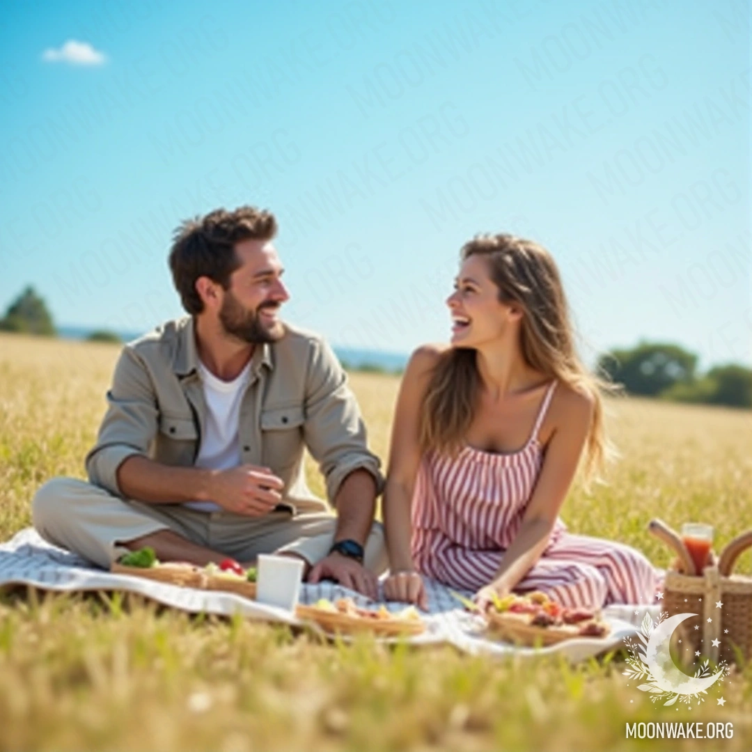 Couple laughing together during a picnic in a sunny field.