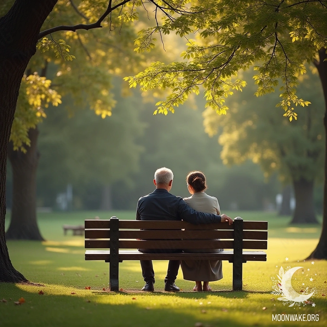 A couple sitting on a bench in a serene park, surrounded by trees.