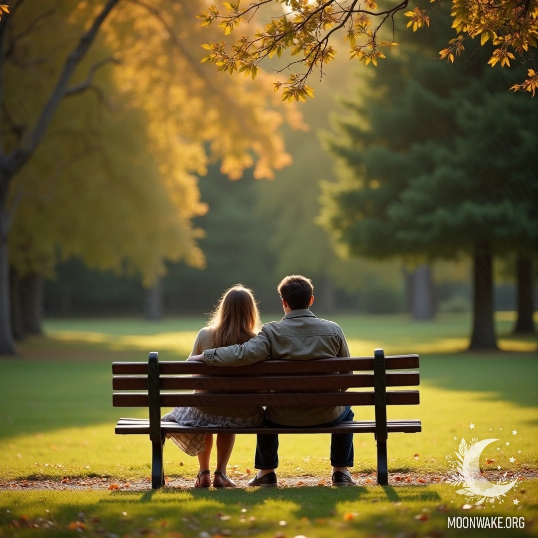 A couple sitting on a bench in a serene park, surrounded by trees.