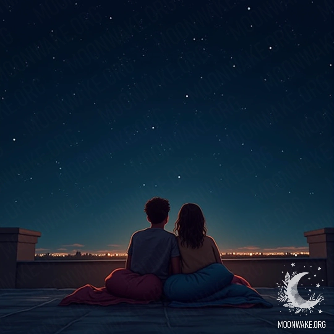 A couple sitting on a rooftop surrounded by blankets and pillows, gazing at the starry night sky.