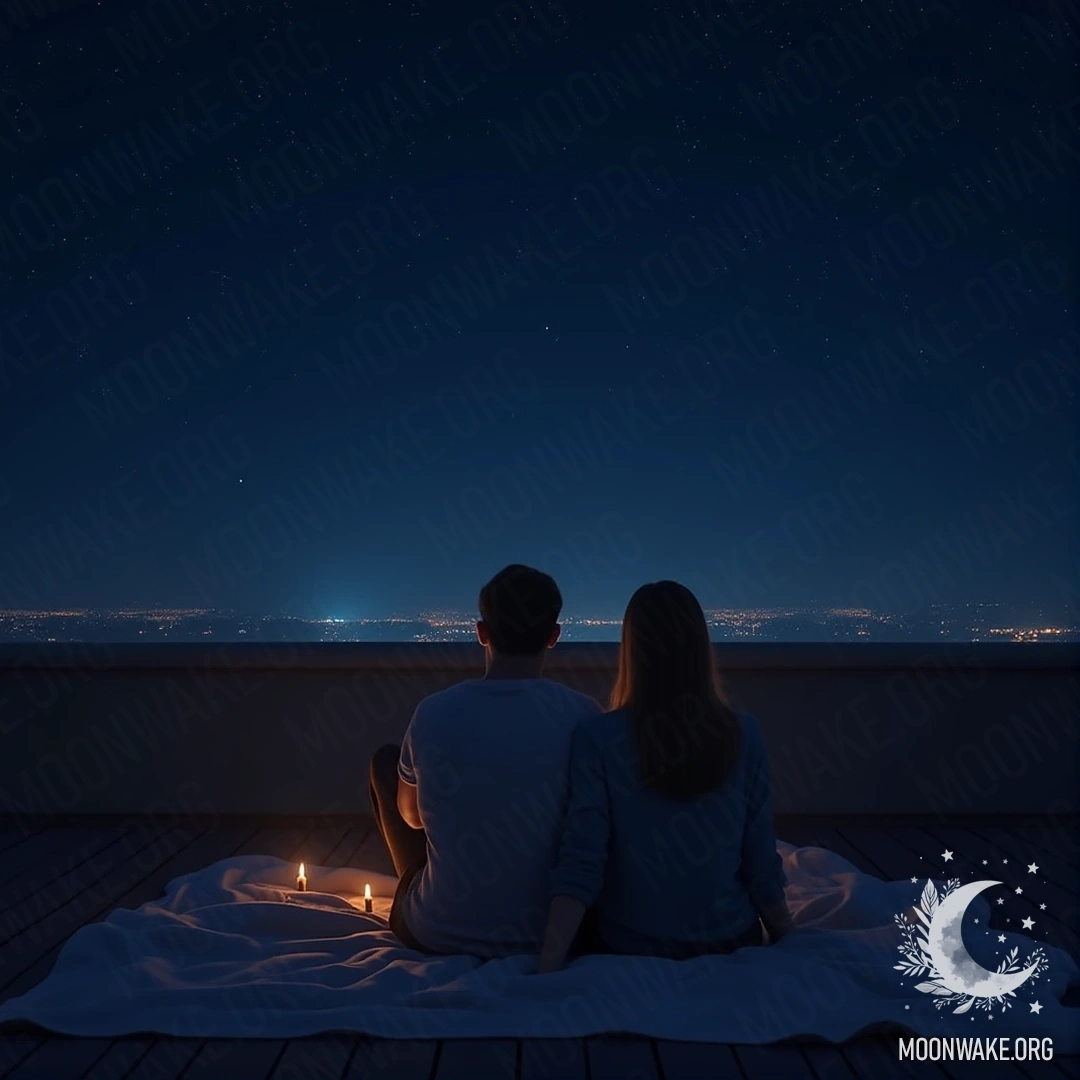 A couple sitting on a rooftop surrounded by blankets and pillows, gazing at the starry night sky.