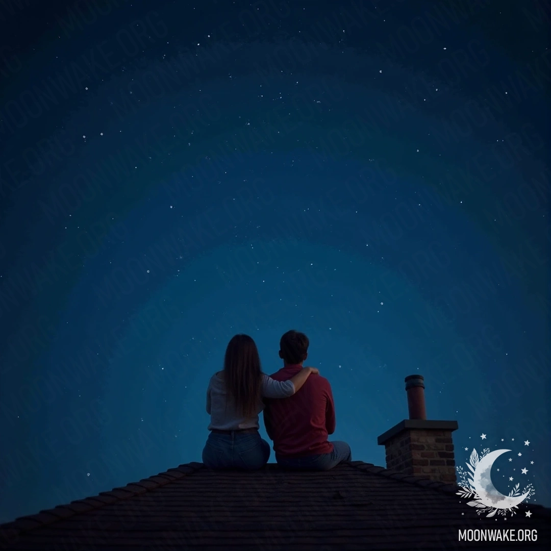 A couple sits together on a rooftop, gazing at the starry sky.