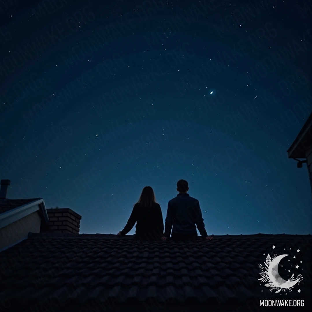 A couple sits together on a rooftop, gazing at the starry sky.