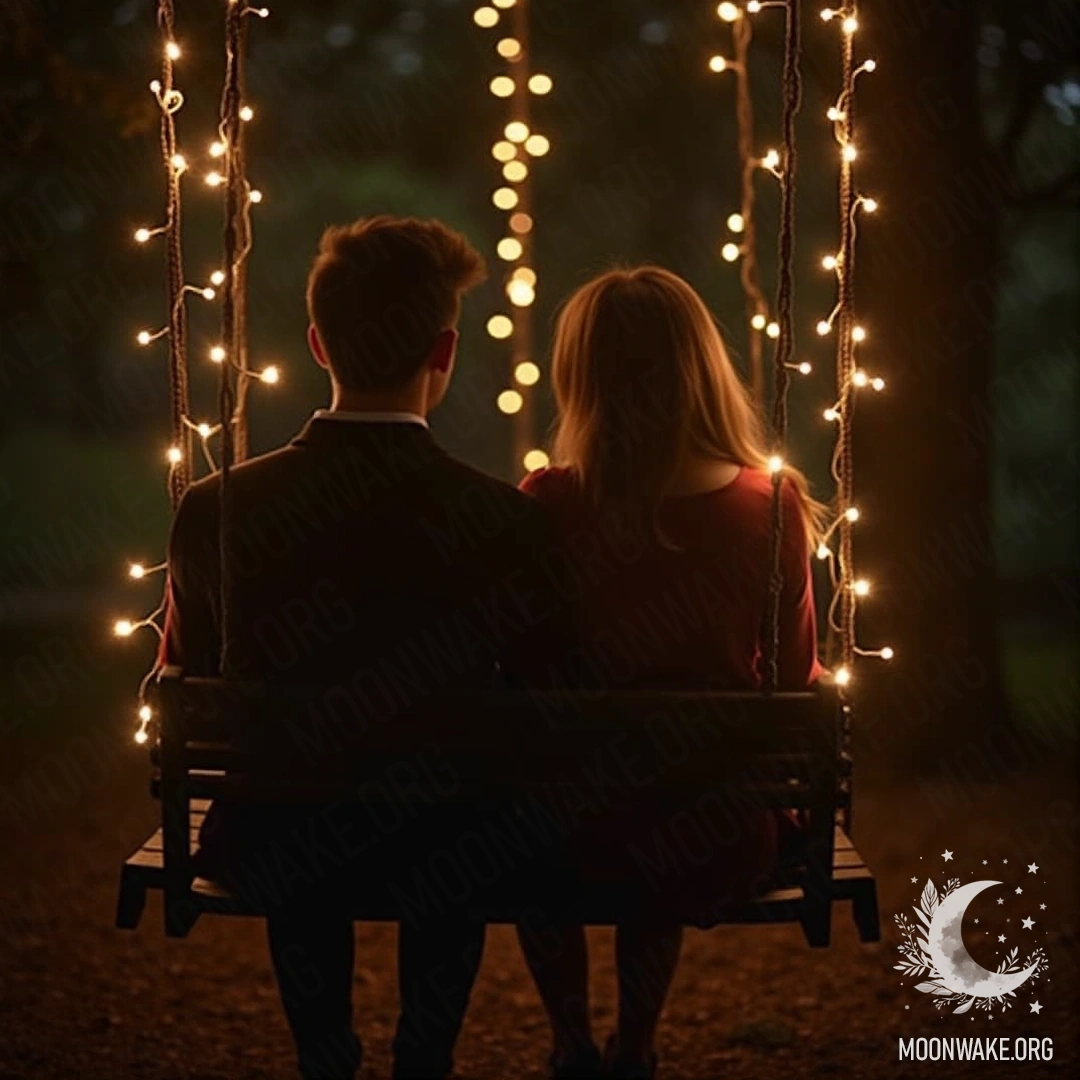 A romantic scene of a couple on a swing surrounded by sparkling fairy lights.