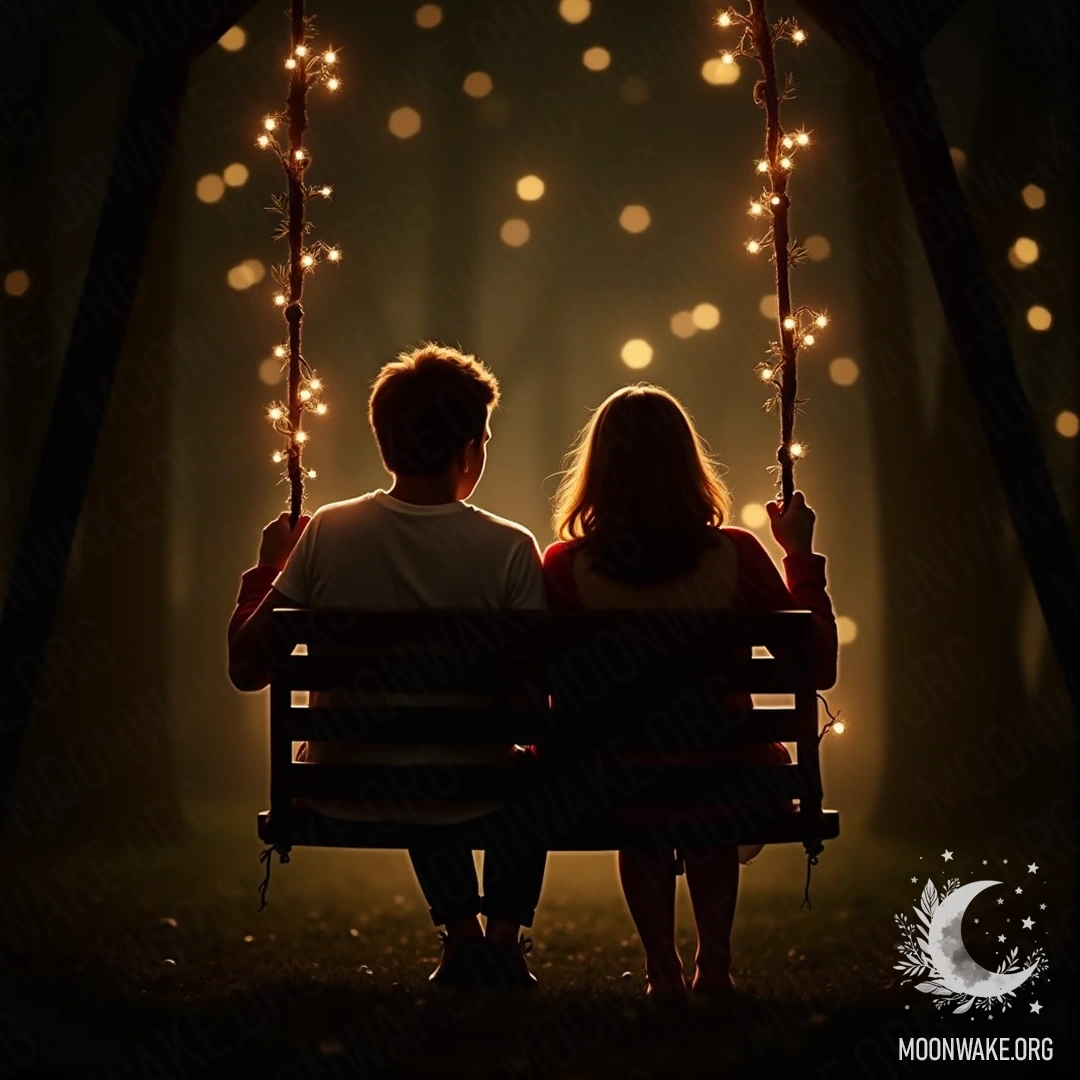 A romantic scene of a couple on a swing surrounded by sparkling fairy lights.