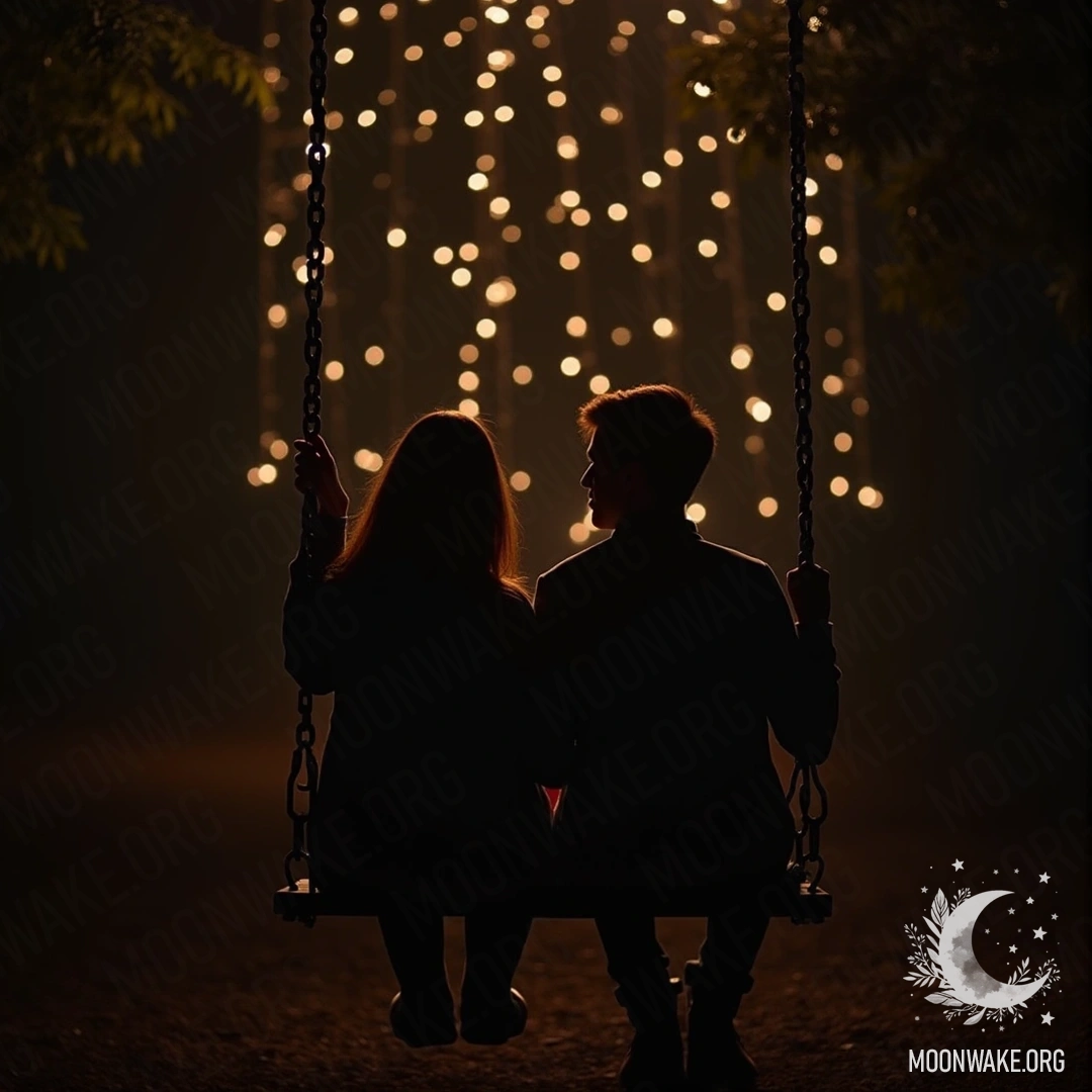 A romantic scene of a couple on a swing surrounded by sparkling fairy lights.