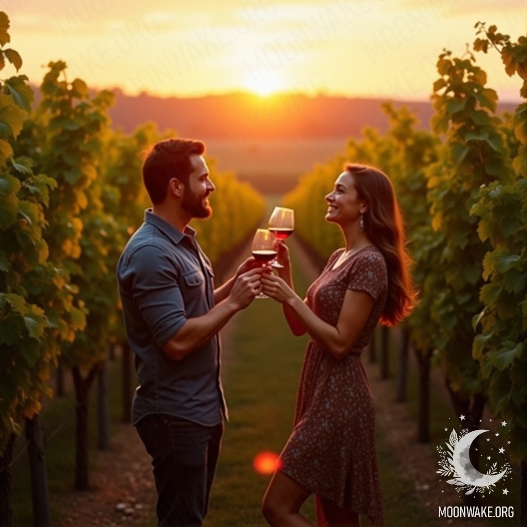 A couple tasting wine at a vineyard, surrounded by grapevines with a sunset background.