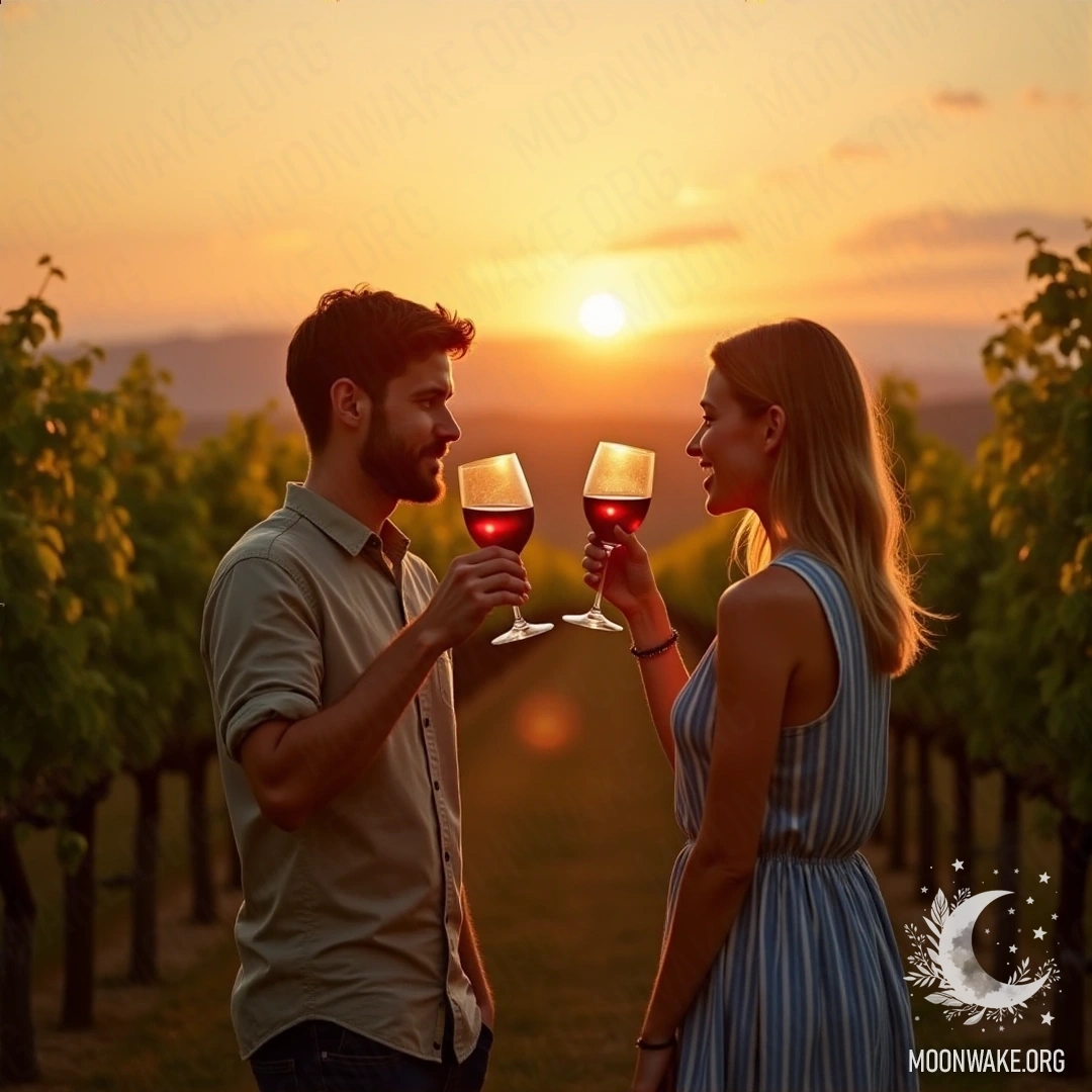 A couple tasting wine at a vineyard, surrounded by grapevines with a sunset background.
