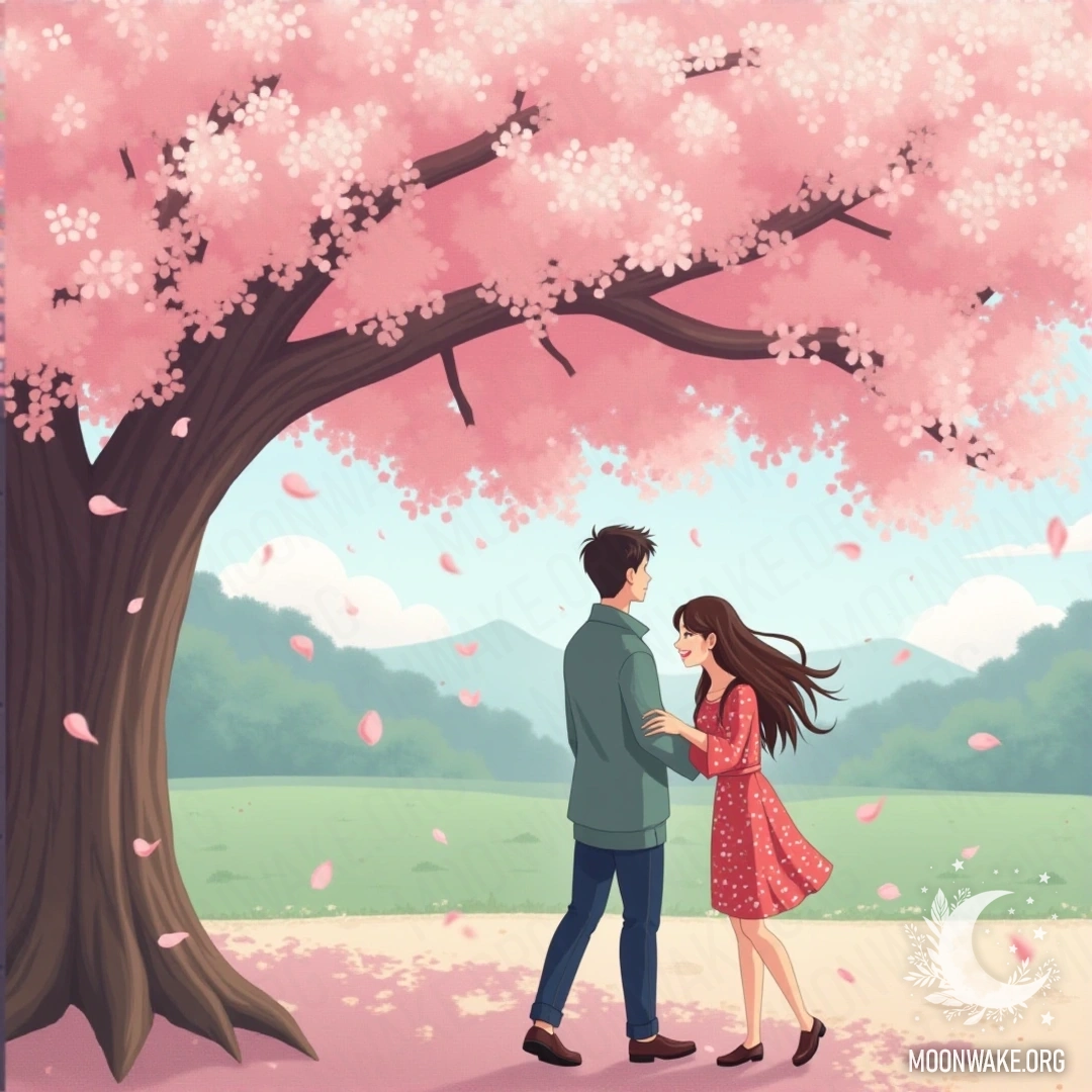 A couple enjoys a serene moment under a cherry blossom tree with petals gracefully falling.