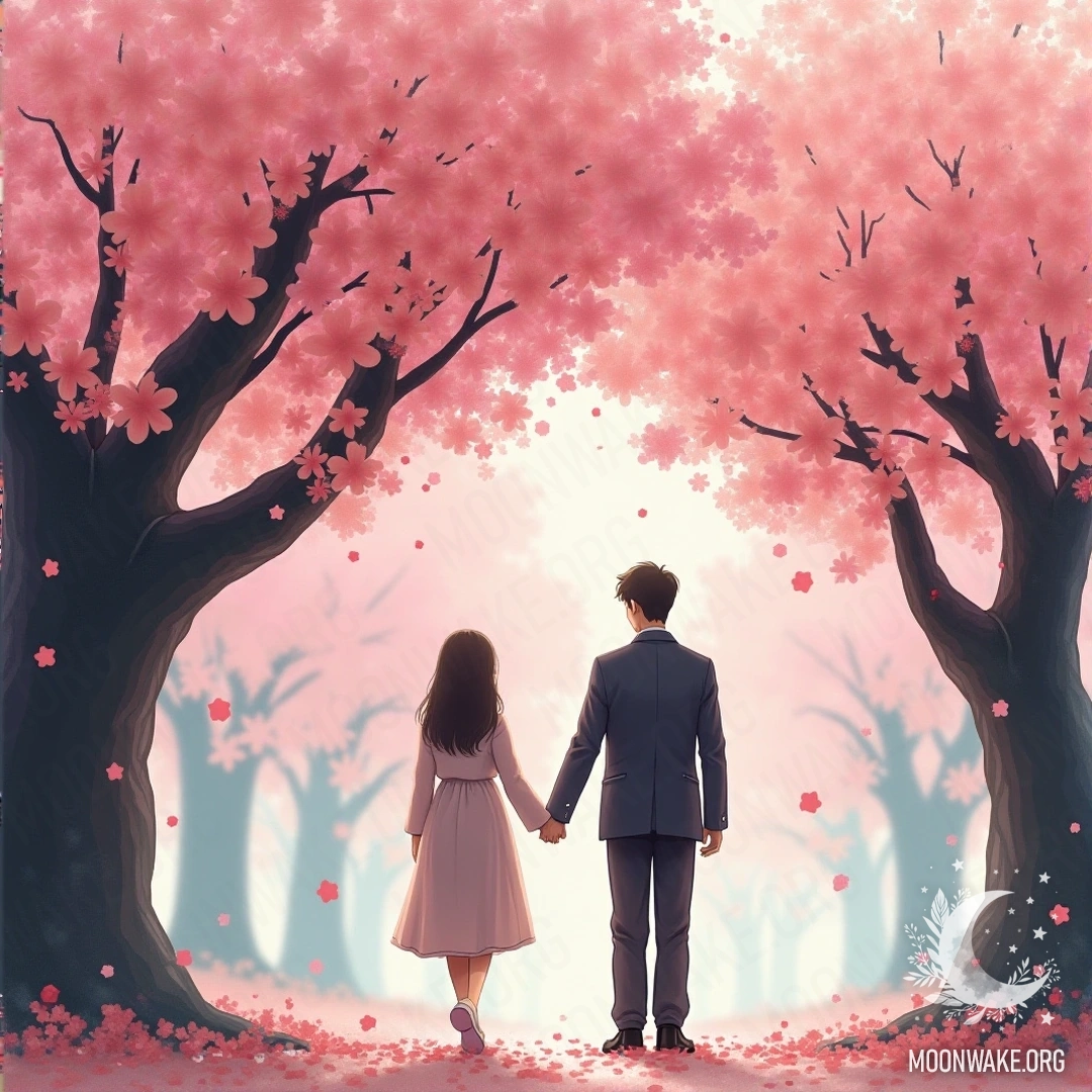 A couple enjoys a serene moment under a cherry blossom tree with petals gracefully falling.
