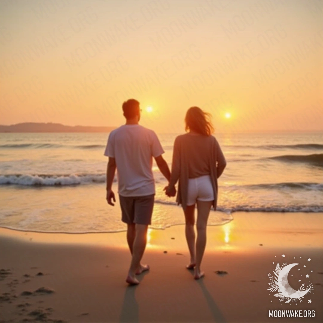 A couple walking barefoot on a beach during sunset, with waves gently lapping at their feet.