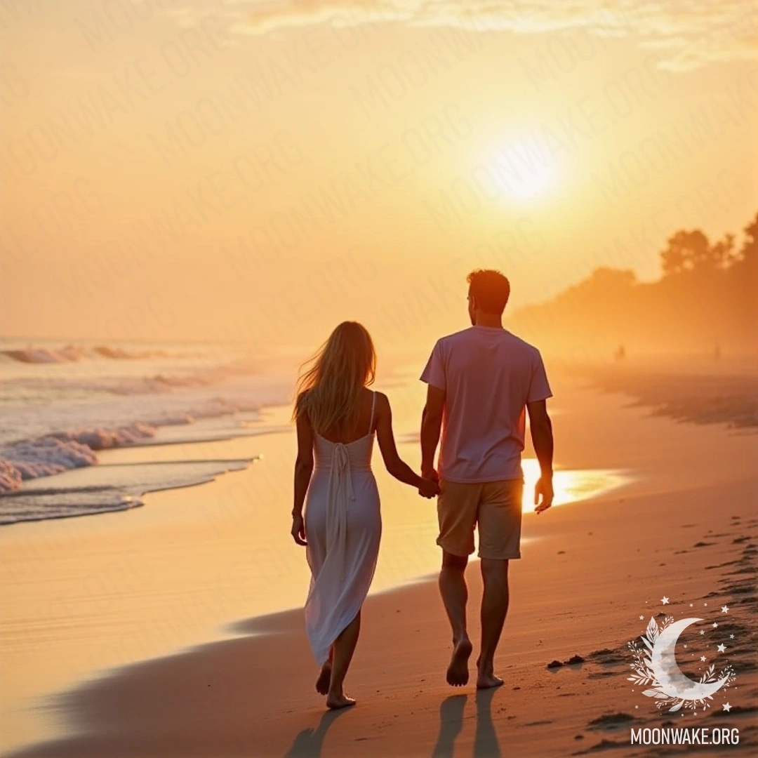 A couple walking barefoot on a beach during sunset, with waves gently lapping at their feet.