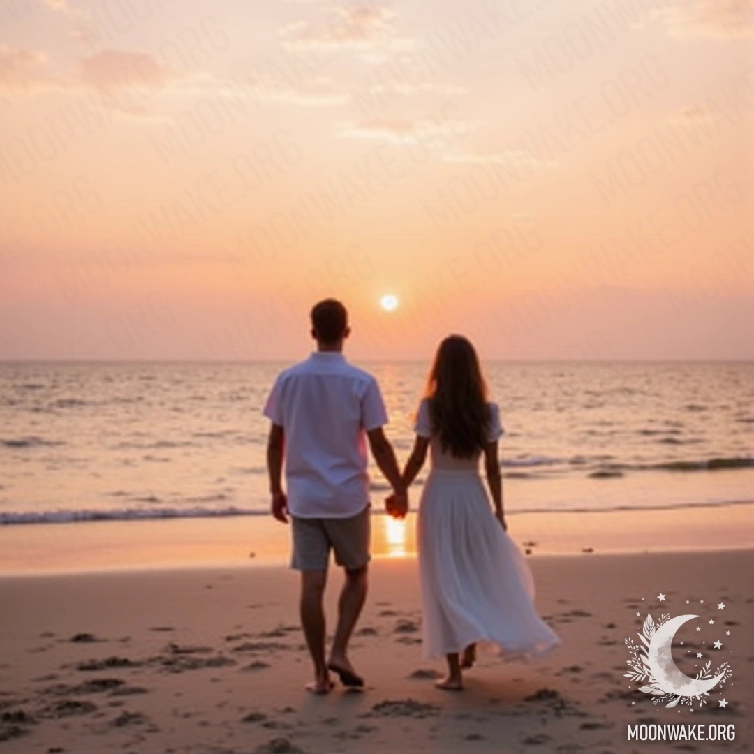A couple holding hands while walking on a beach, with a sunrise in soft pink and orange hues in the sky.