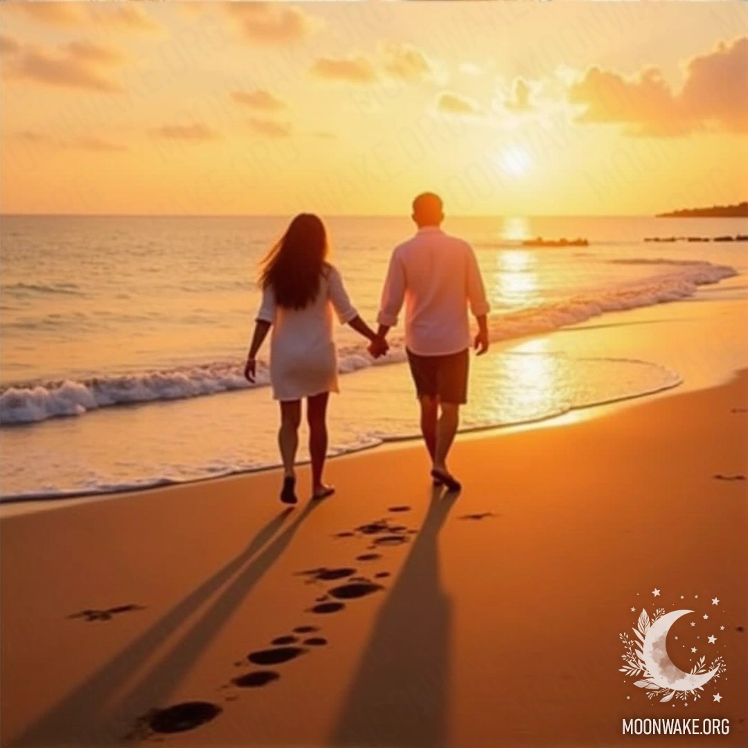 A couple holding hands, walking along the beach with sunset in the background and footprints in the sand.