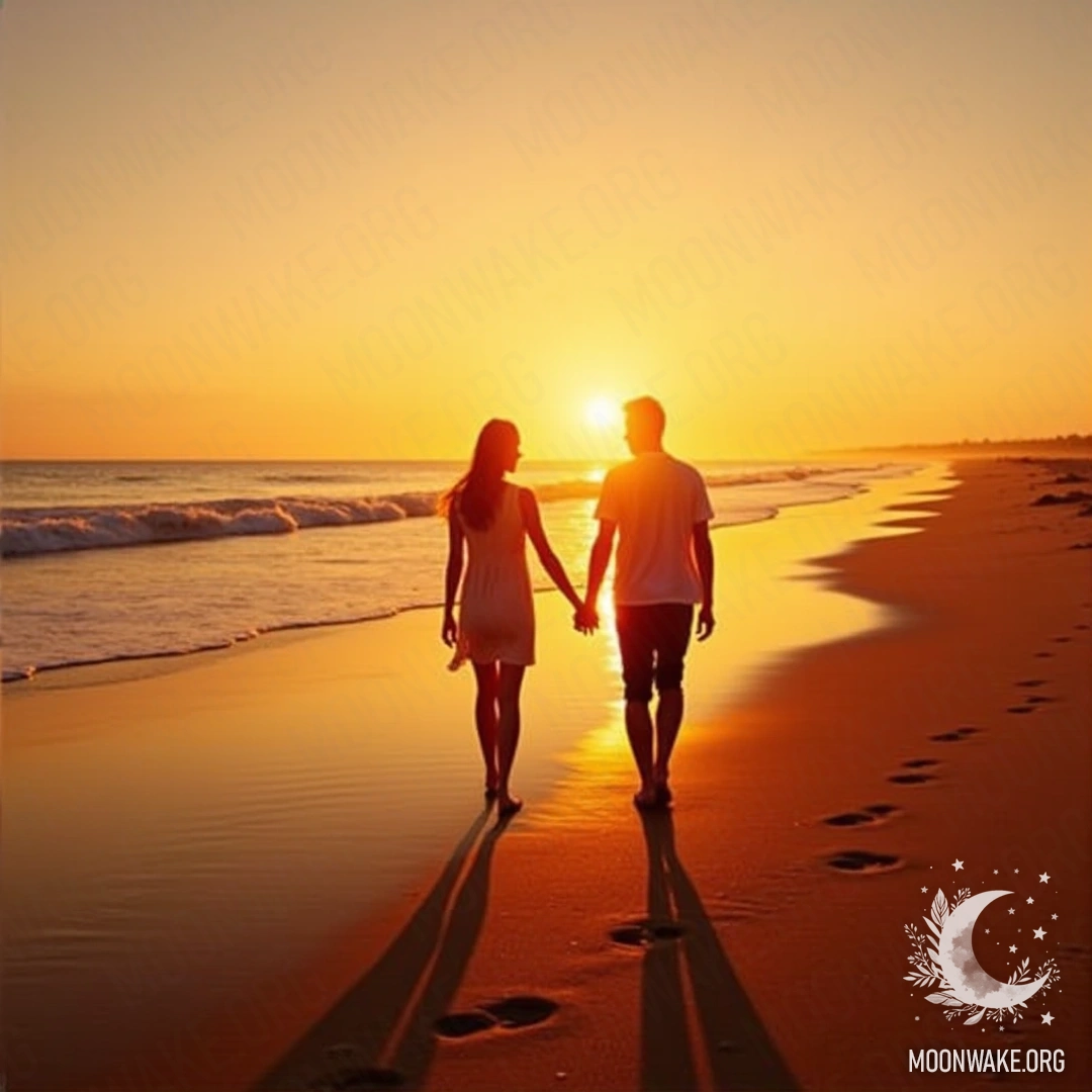 A couple holding hands, walking along the beach with sunset in the background and footprints in the sand.