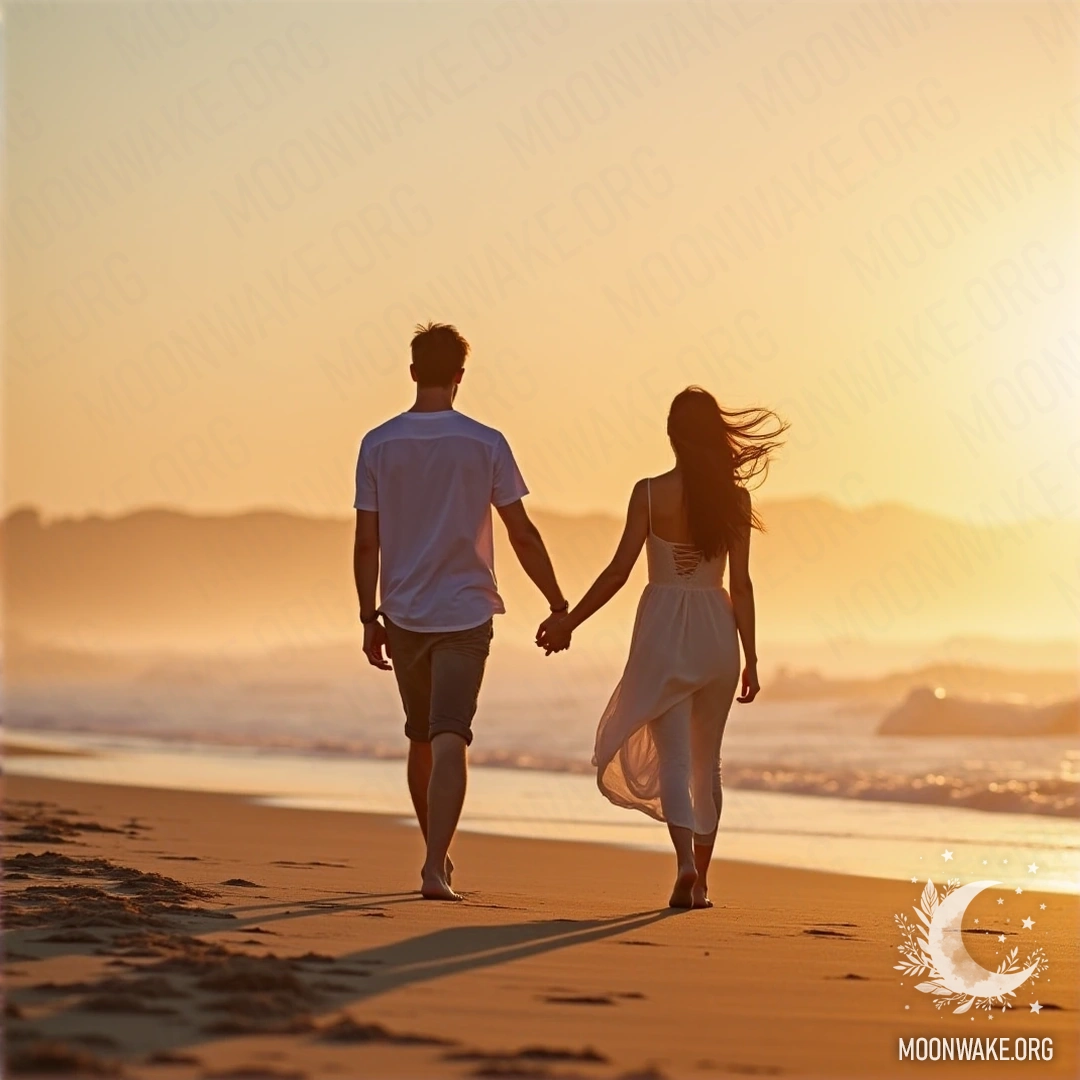 A couple holding hands and walking barefoot on a sandy beach during sunset.