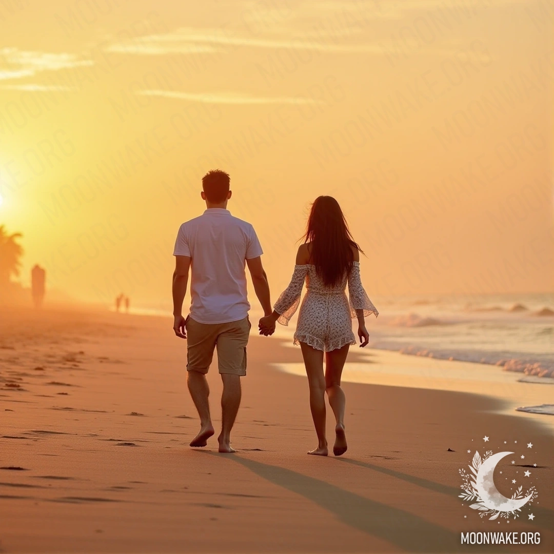 A couple holding hands and walking barefoot on a sandy beach during sunset.