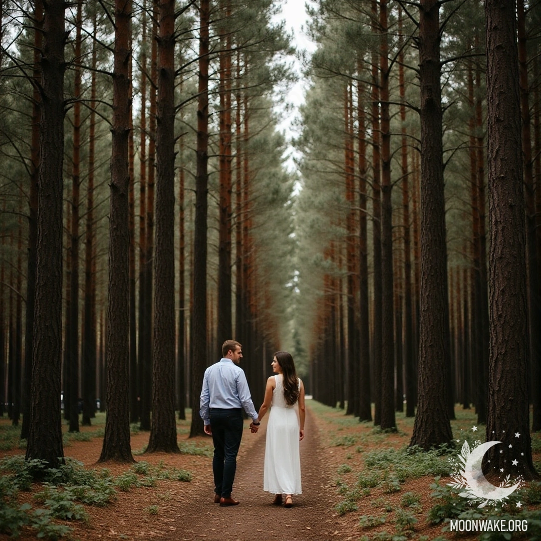 A couple holding hands and walking through a towering forest.