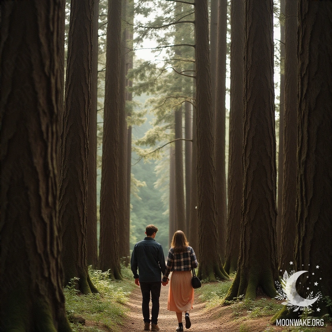 A couple holding hands and walking through a towering forest.