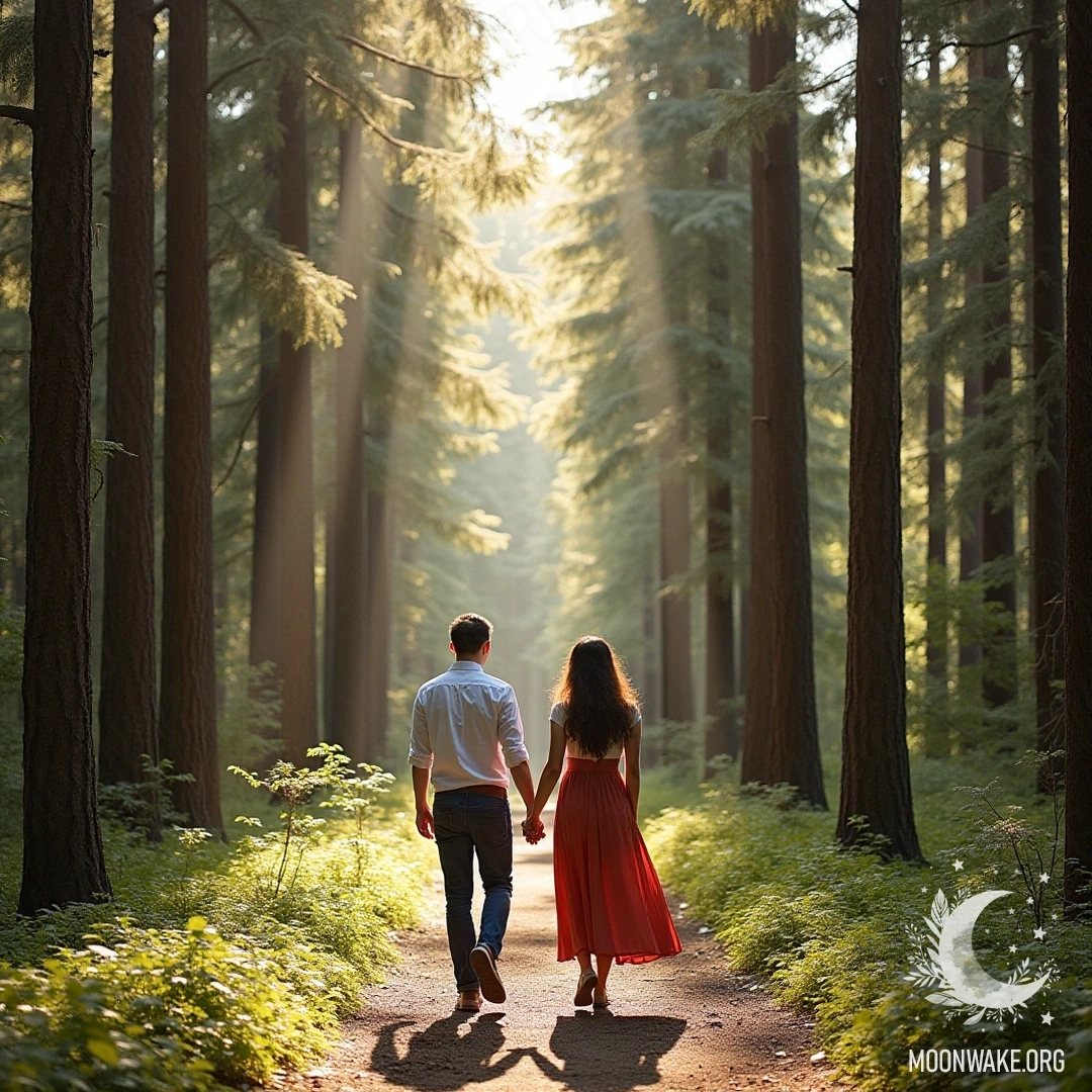 A couple walking hand in hand through a sunlit forest.
