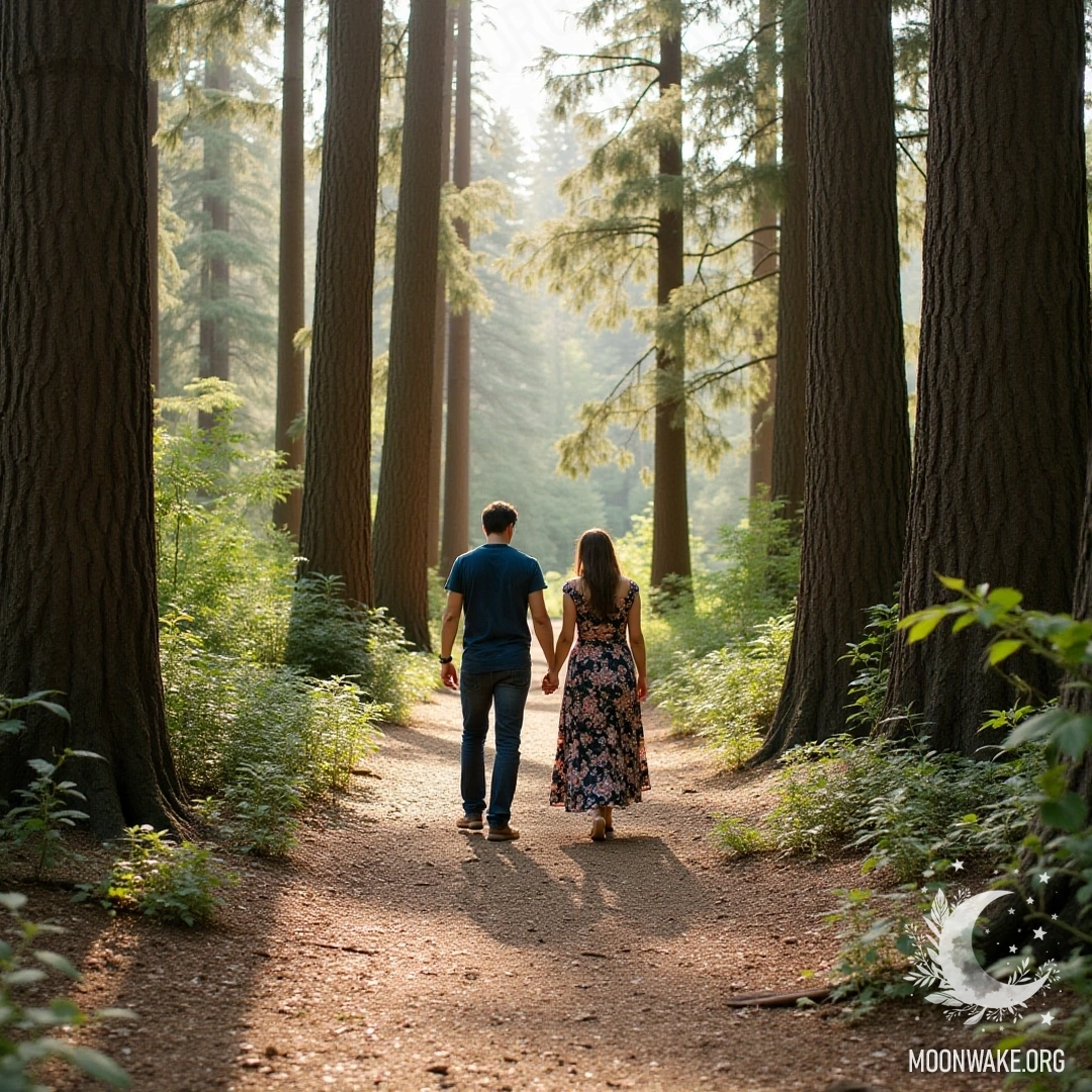 A couple walking hand in hand through a sunlit forest.