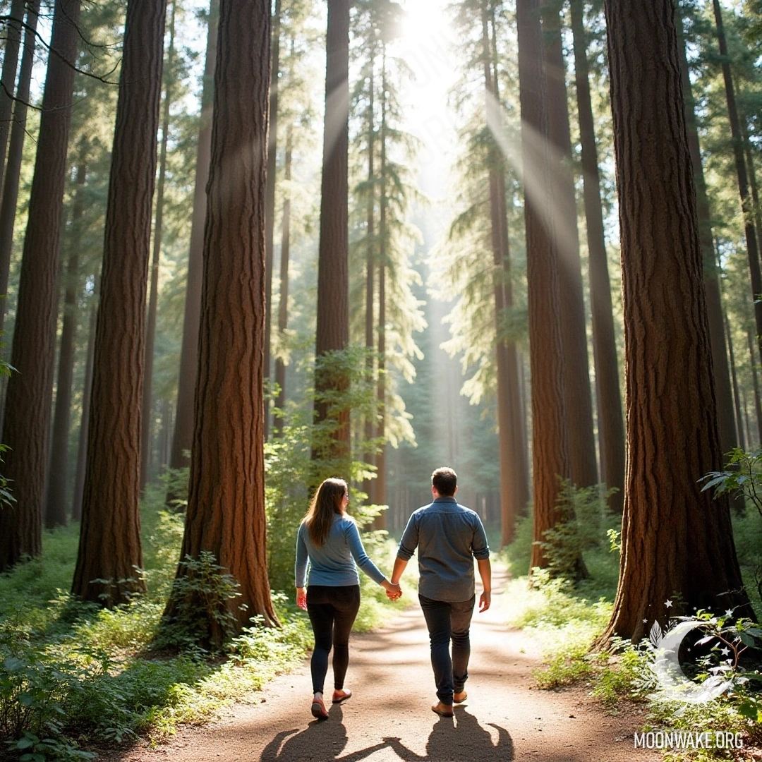 A couple walking hand in hand through a sunlit forest.