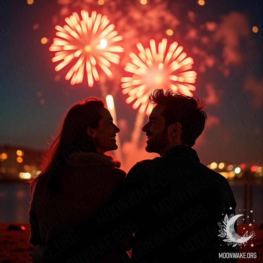 A couple watching colorful fireworks in the night sky, laughing joyfully.