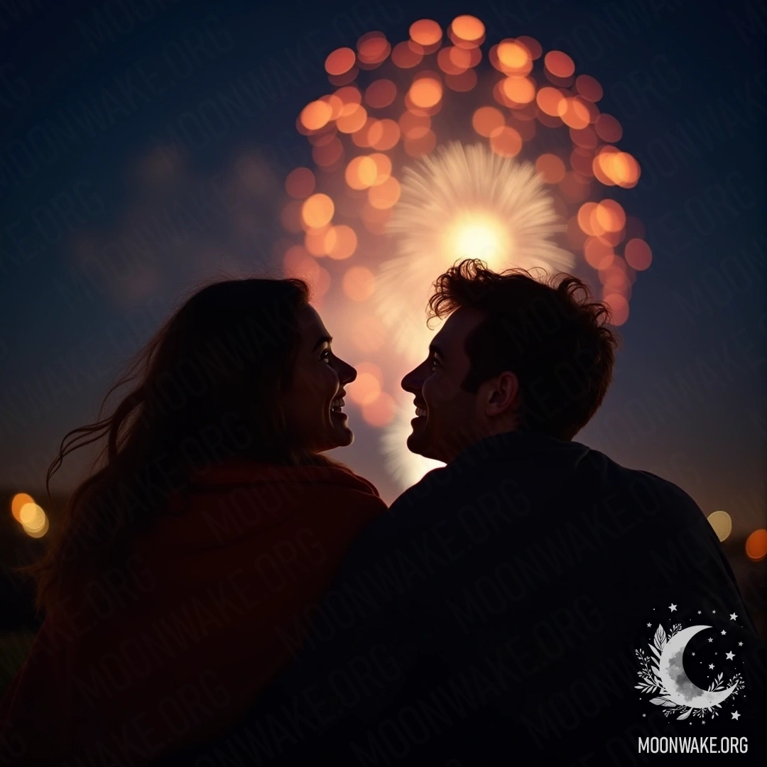 A couple wrapped in a warm blanket, watching colorful fireworks at night.