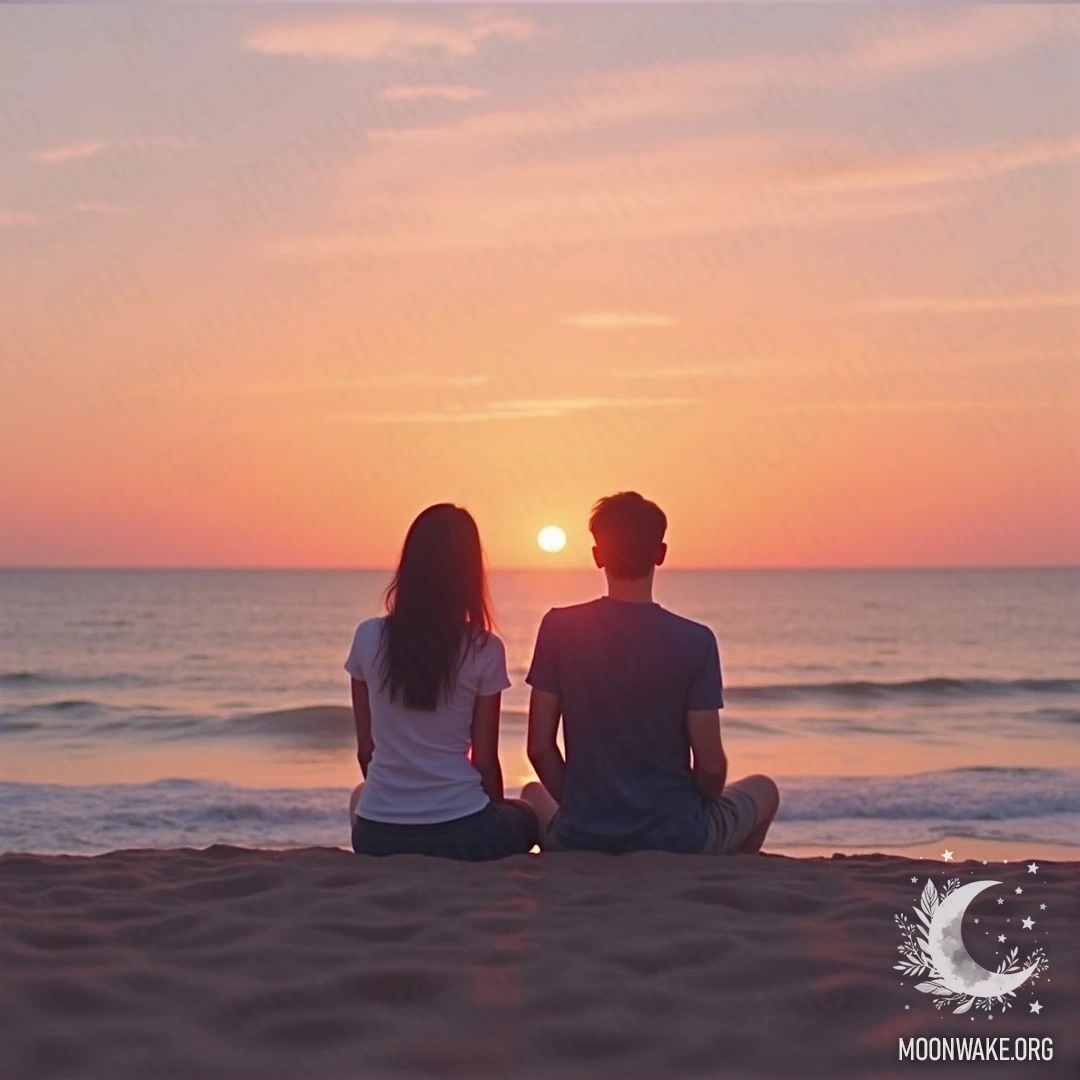 A couple enjoying the sunrise on a serene beach, with pastel colors in the sky.