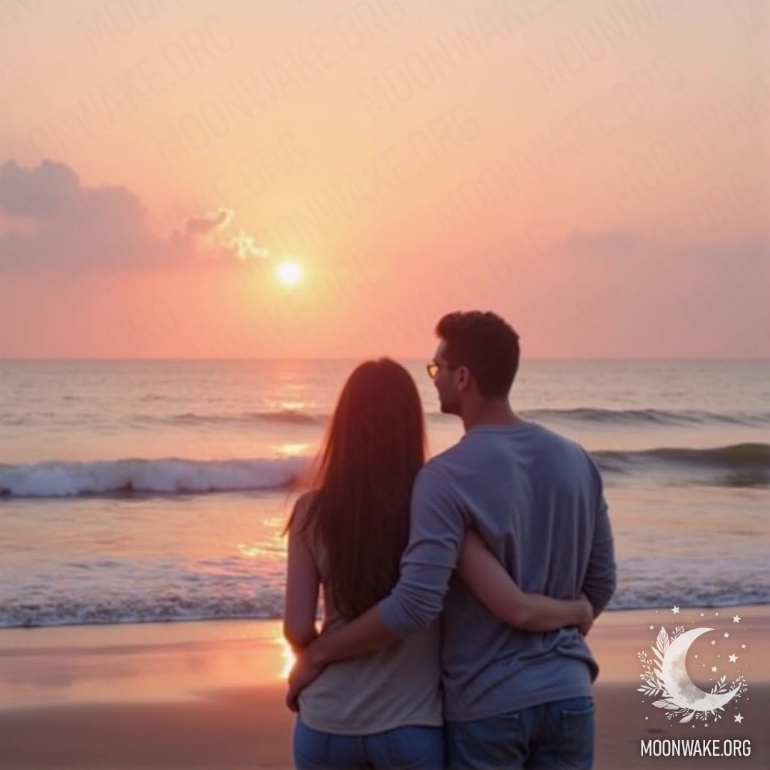 A couple enjoying the sunrise on a serene beach, with pastel colors in the sky.