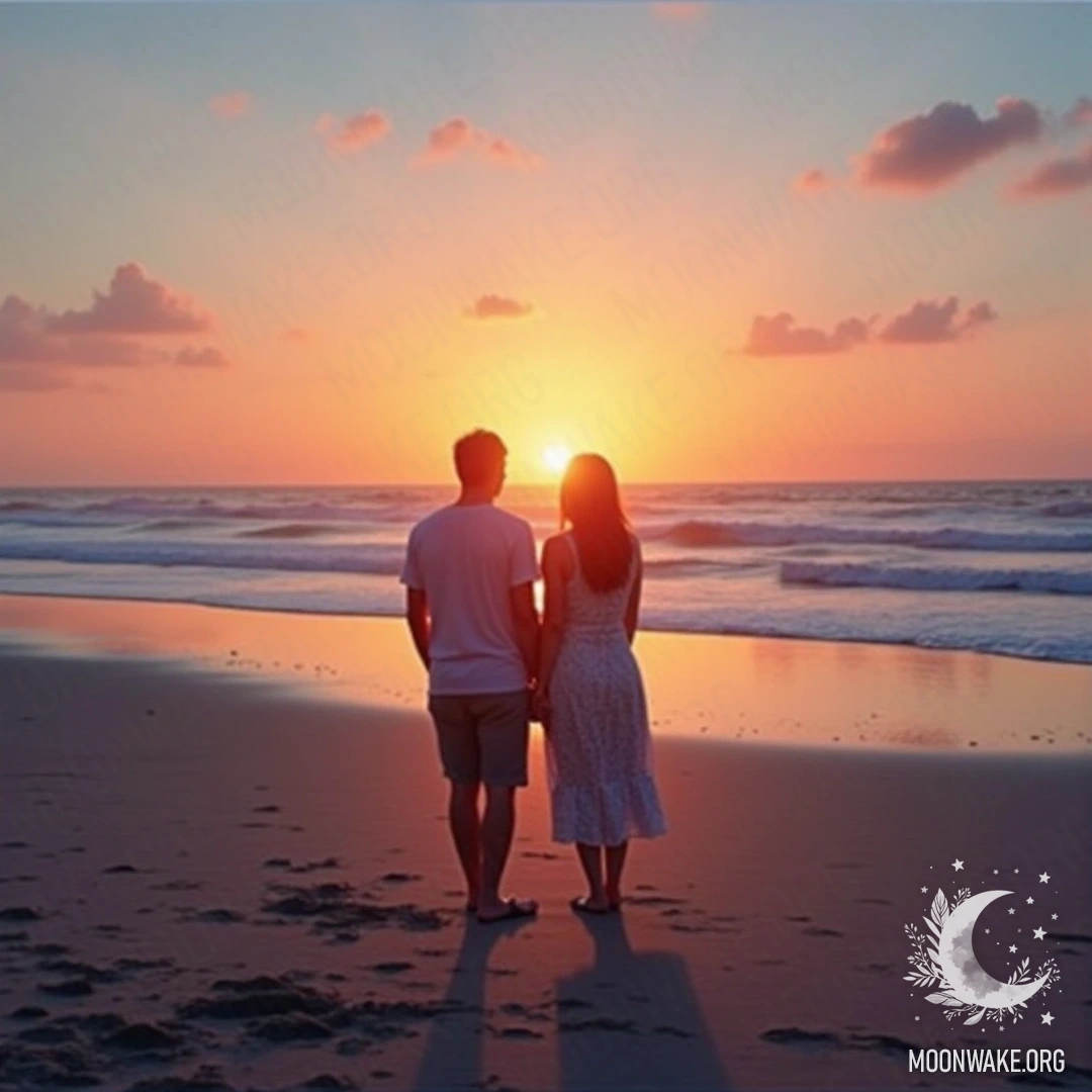 A couple enjoying the sunrise on a serene beach, with pastel colors in the sky.
