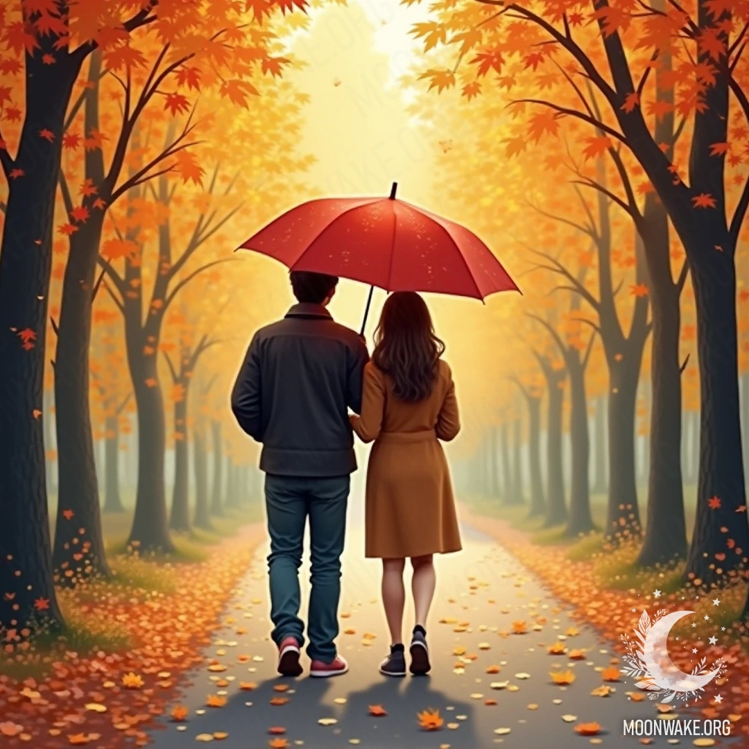 A couple walking together in a colorful autumn park, sharing an umbrella.
