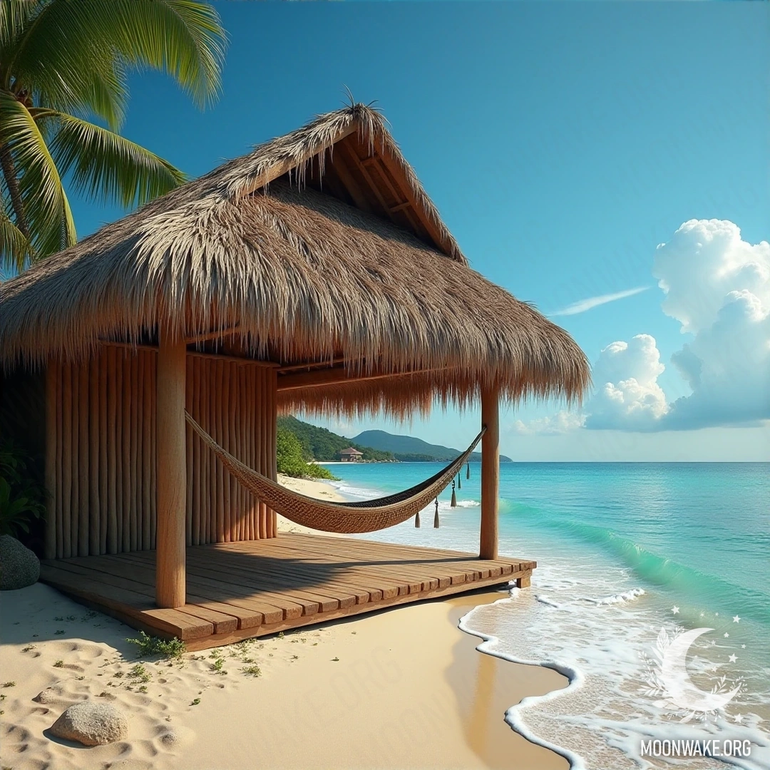 A cozy beach hut with a thatched roof near the ocean waves.