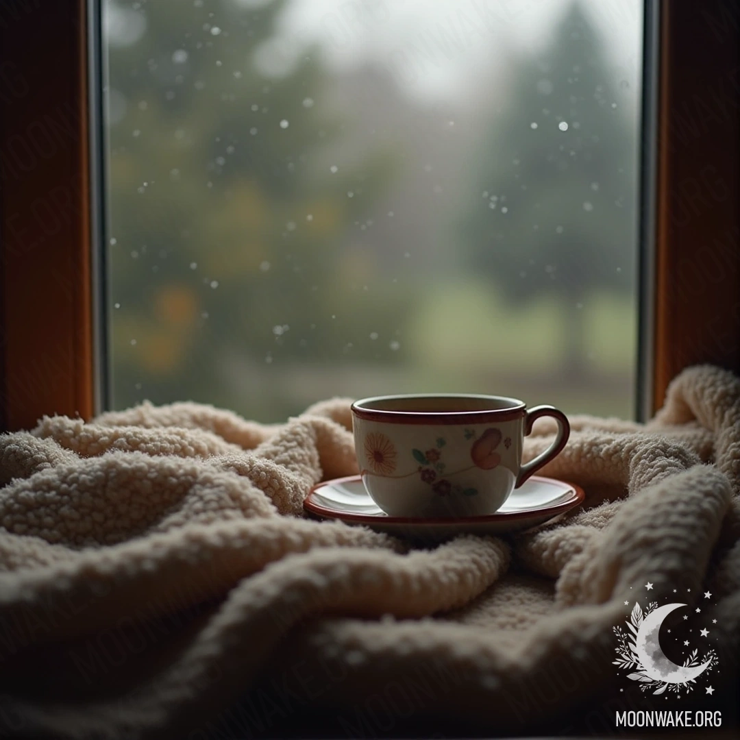 A cozy blanket and a warm cup of tea by a window on a rainy day.