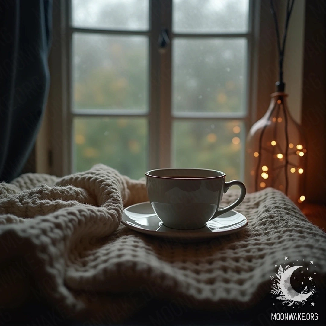 A cozy blanket and a warm cup of tea by a window on a rainy day.