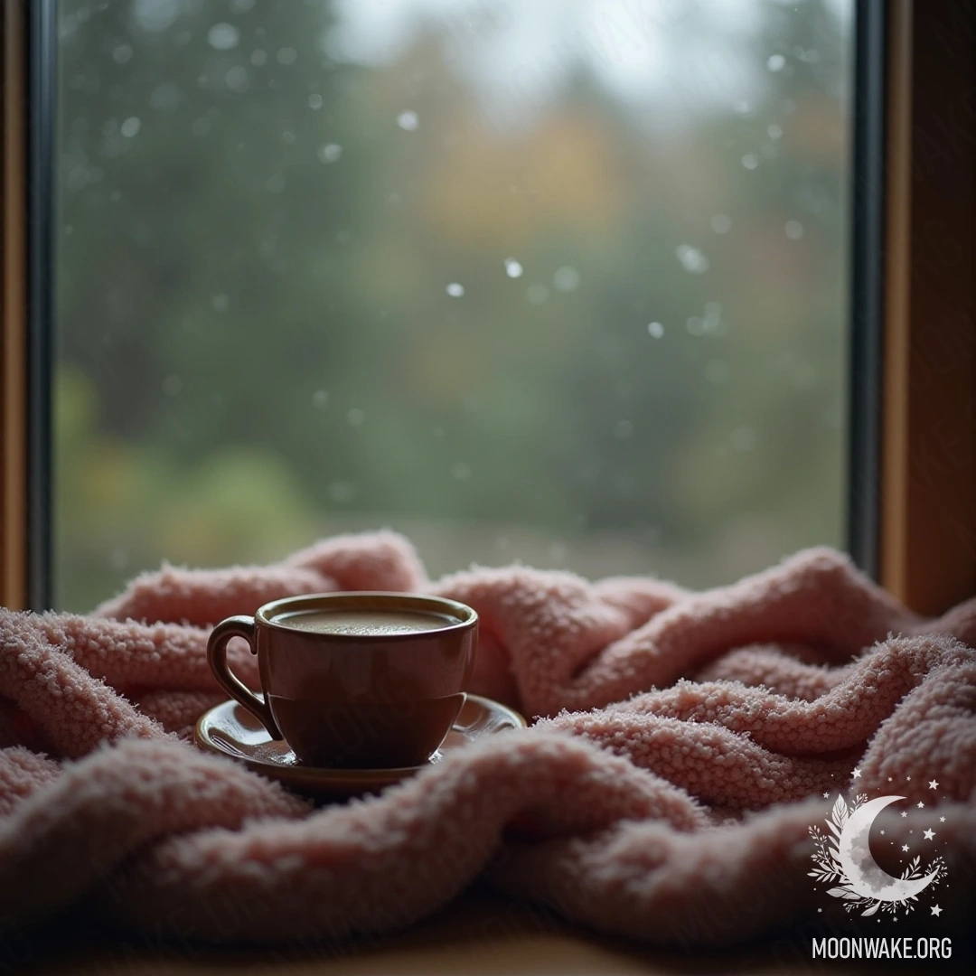 A cozy blanket and a warm cup of tea by a window on a rainy day.