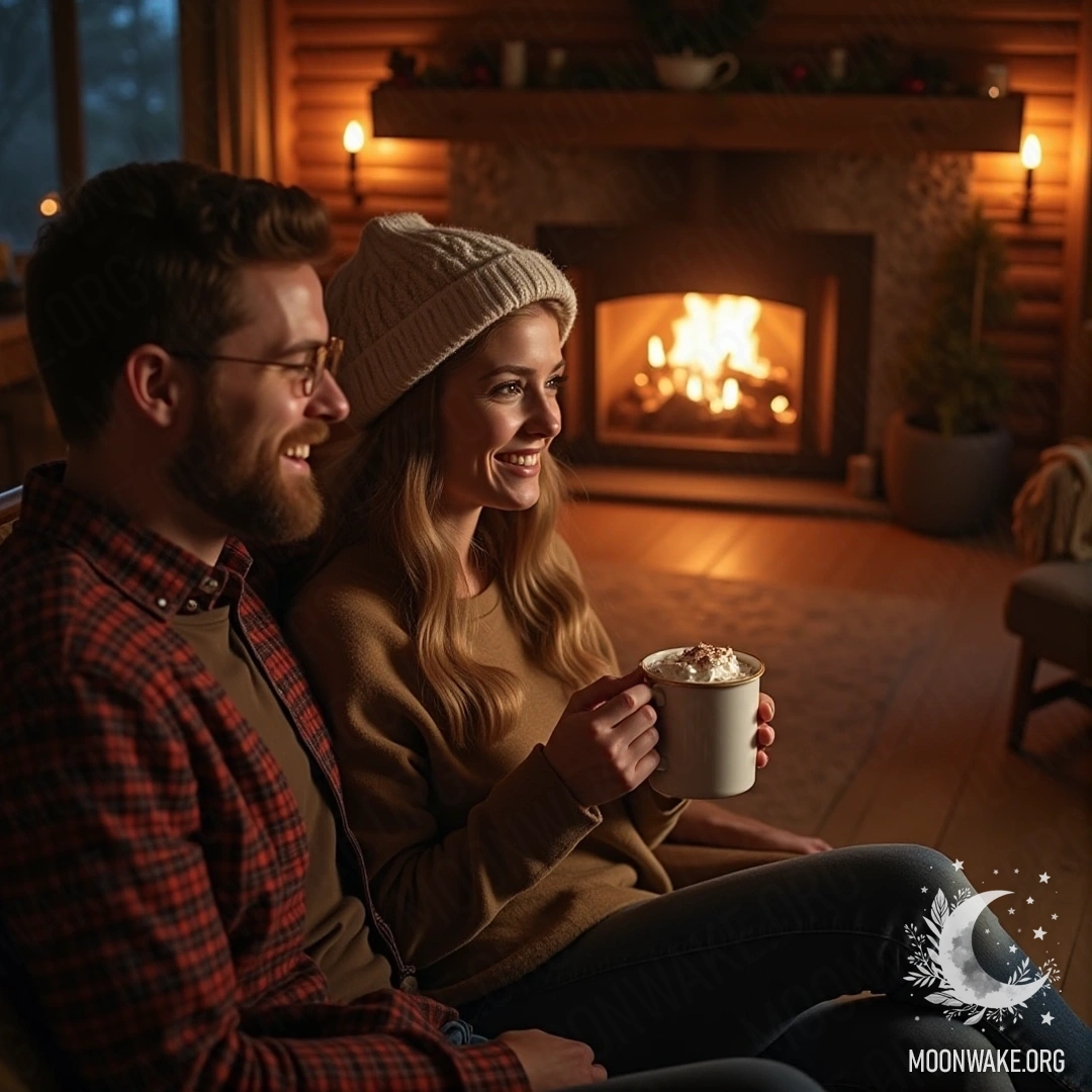 A couple enjoying hot cocoa in a cozy cabin by the fireplace.