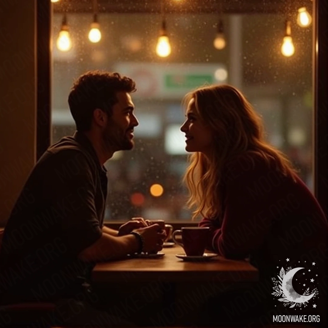 A couple enjoying warm drinks in a cozy cafe with soft lights.
