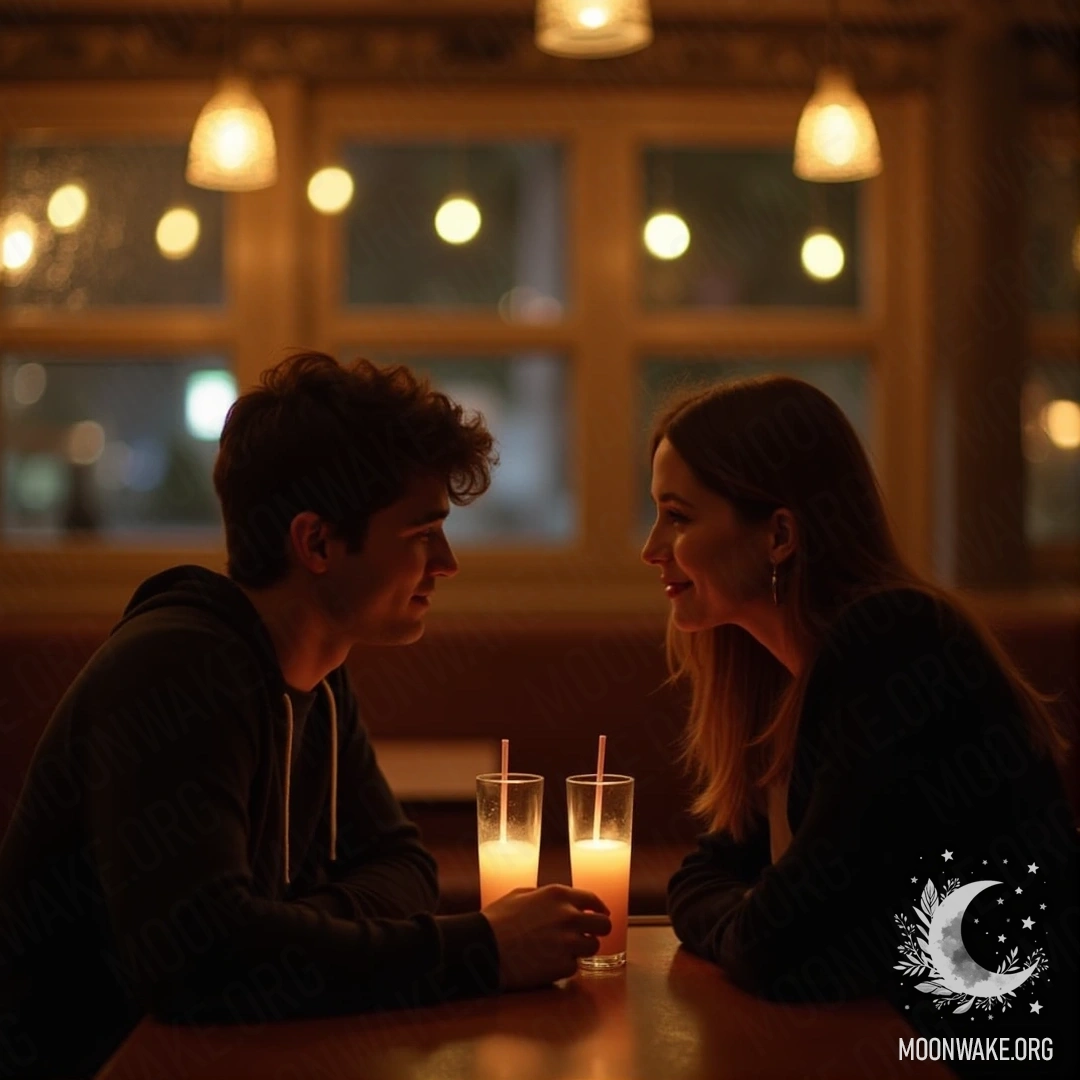 A couple enjoying warm drinks in a cozy cafe with soft lights.