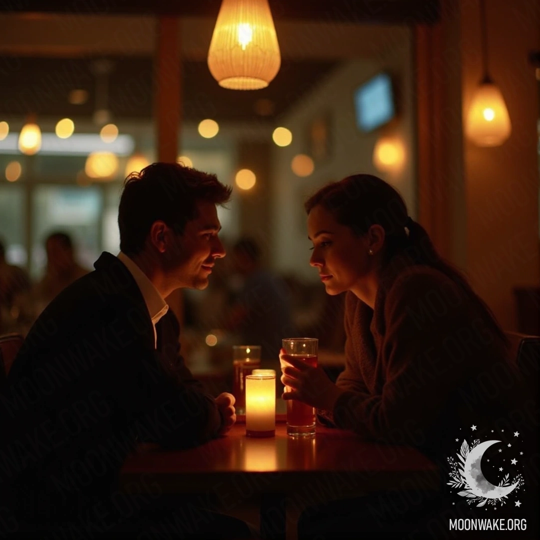 A couple enjoying warm drinks in a cozy cafe with soft lights.