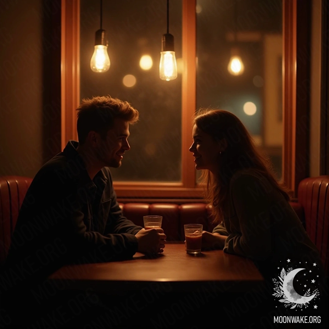 A couple enjoying warm drinks in a cozy cafe with soft lights.