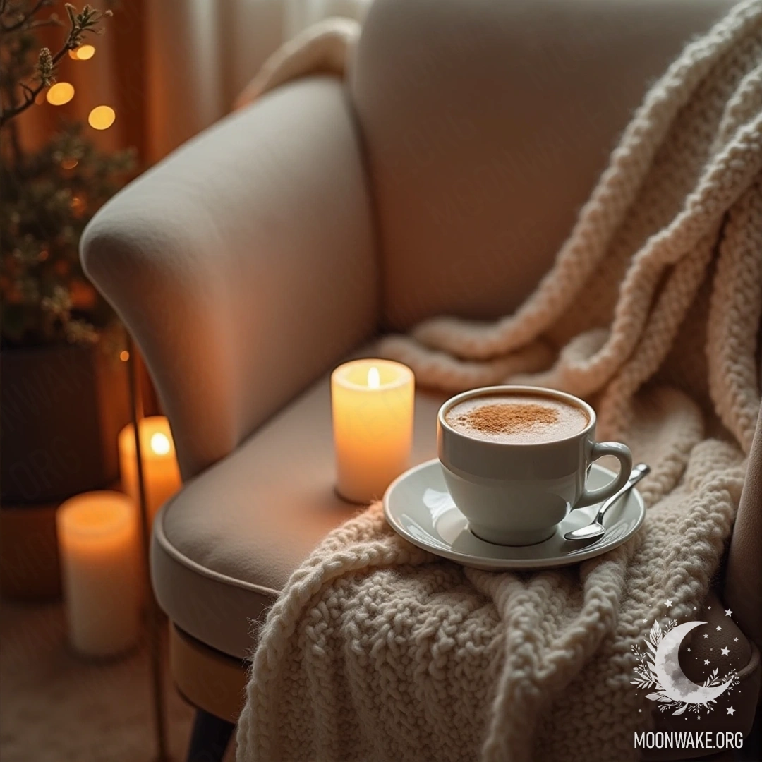 A soft woolen blanket draped over a chair, a cup of coffee on a side table surrounded by candles.