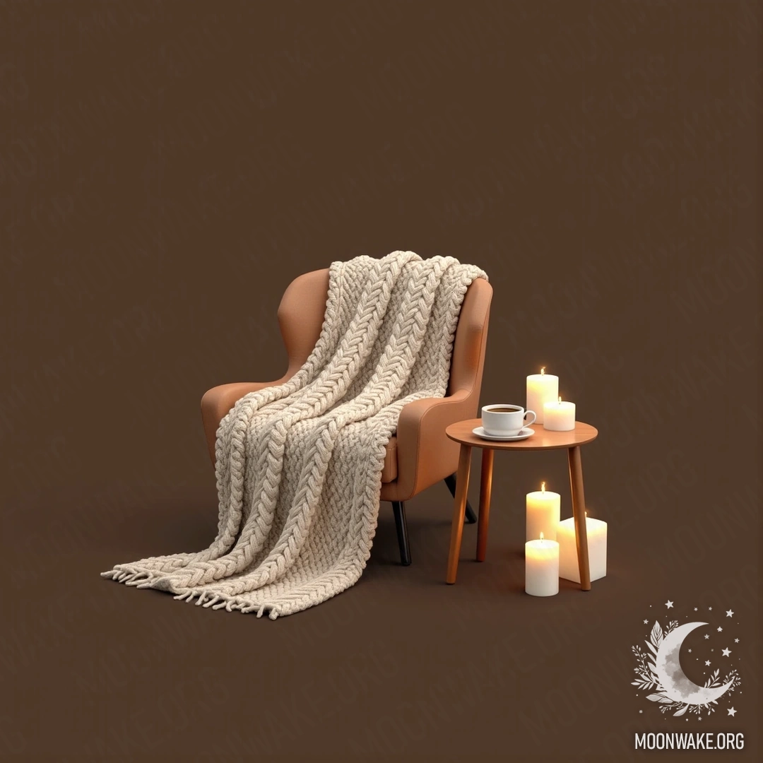 A soft woolen blanket draped over a chair, a cup of coffee on a side table surrounded by candles.