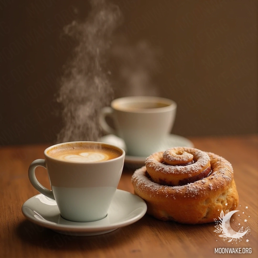 A hot cup of coffee beside a freshly baked cinnamon roll on a wooden table.