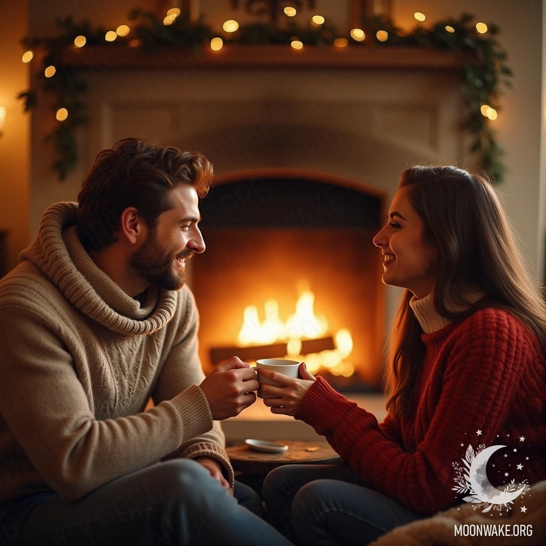 A couple sitting by the fireplace, enjoying tea in warm sweaters.
