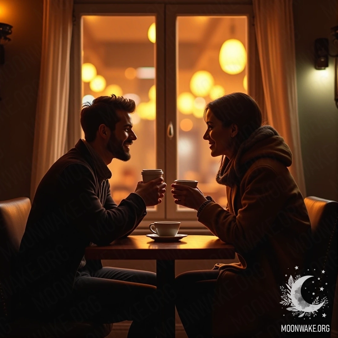 A couple sitting at a cozy café, enjoying coffee and intimate conversation.